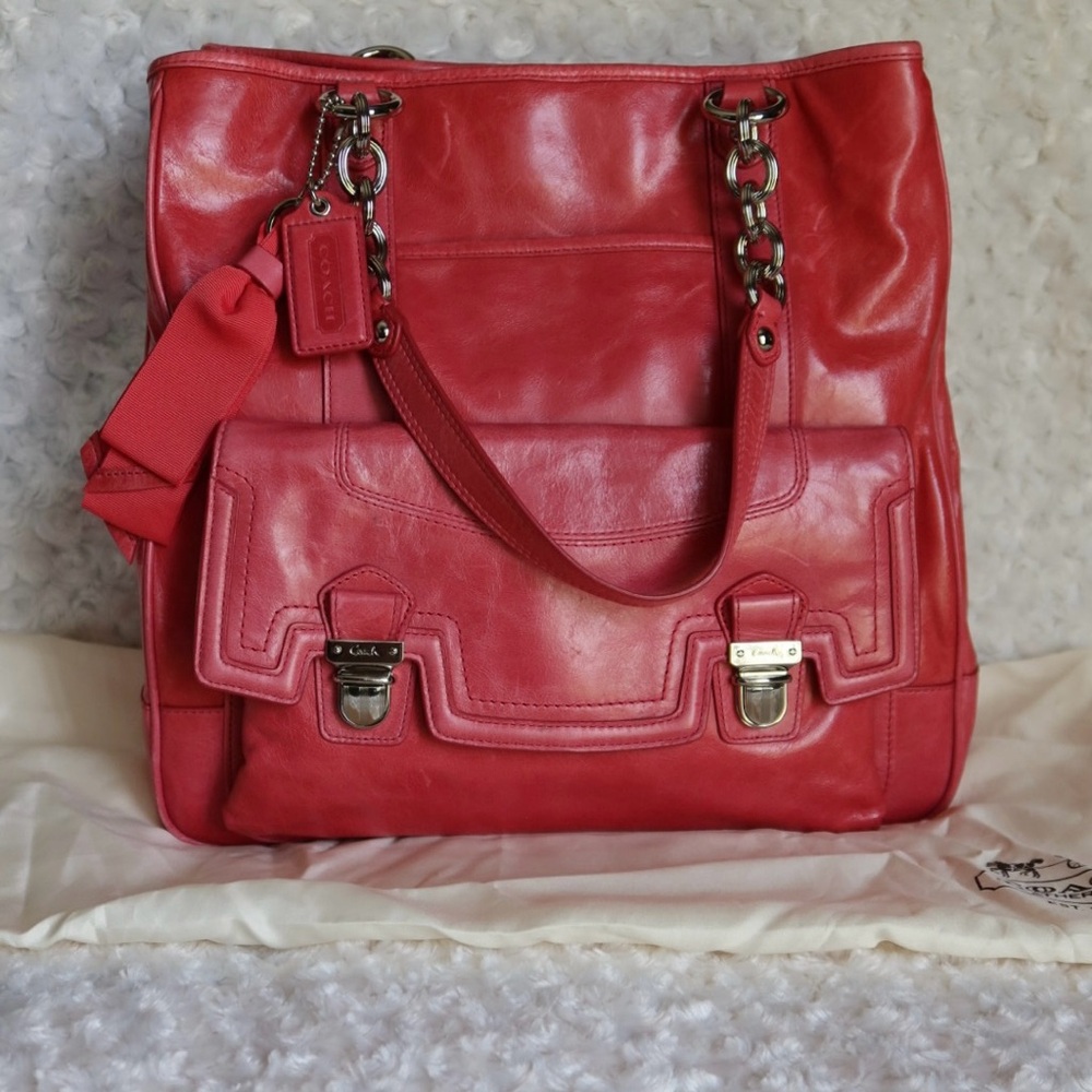 Coach Camellia Leather Pushlock Tote – Style No. 17924 (Poppy Collection)